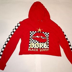 Red crop top sweater with checkered sleeves